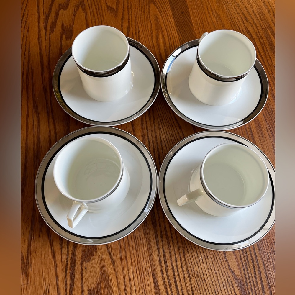 4 Cup And Saucer Sets Mikasa Bone China Platinum Solitude dinner-8 Pieces Total
